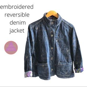 Embroidered reversible denim and satin jacket